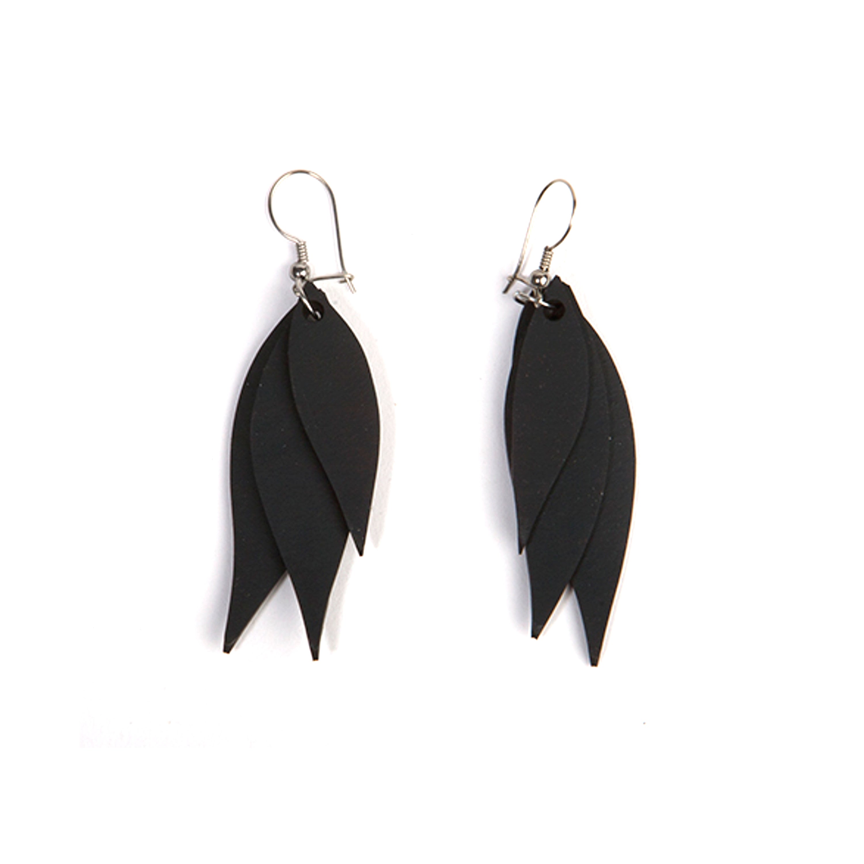 Paguro Upcycle black recycled rubber earrings with layered leaf design and silver hooks