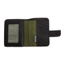 Paguro Upcycle recycled wallet with coin compartment featuring black and green sections and snap closure