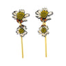 Paguro Upcycle reclaimed wood earrings with hand-painted yellow and white flower design and gold-tone dangle rods