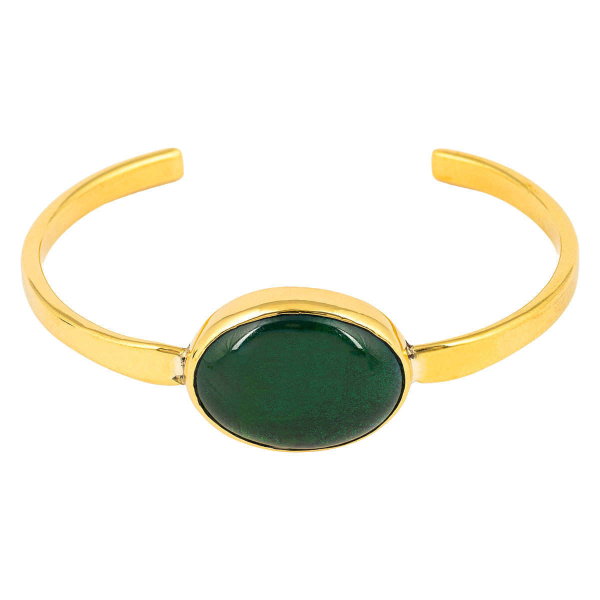 Paguro Upcycle recycled brass & glass bangle with an elegant green stone centerpiece