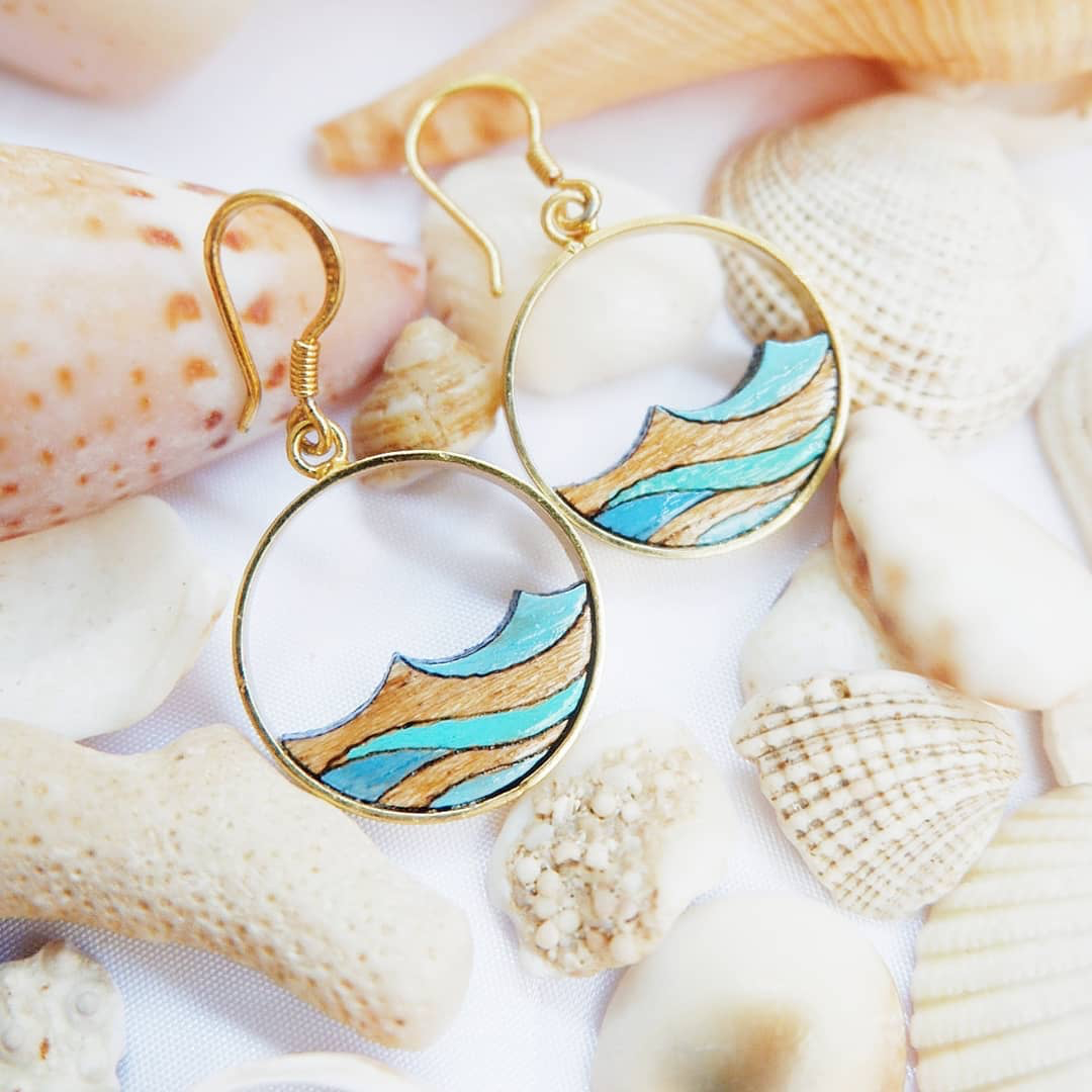 Ocean Eco friendly Recycled Wood Gold Earrings Paguro Upcycle
