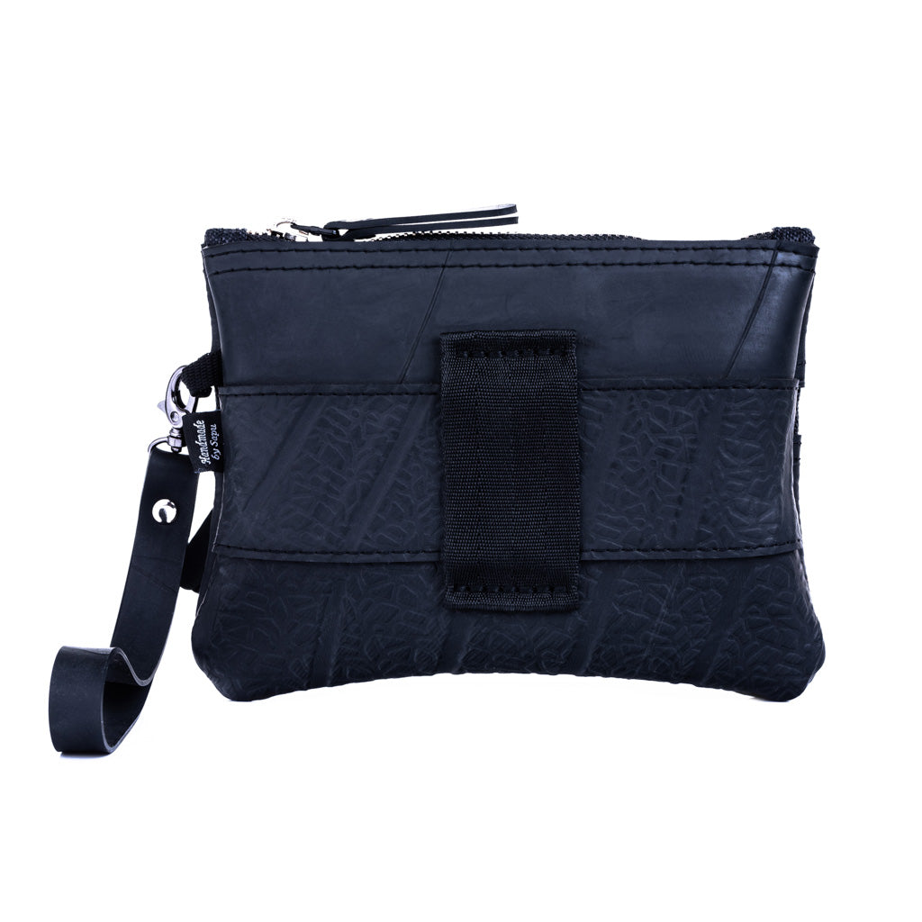 Black vegan wristlet pouch by Paguro Upcycle with zipper closure and wrist strap