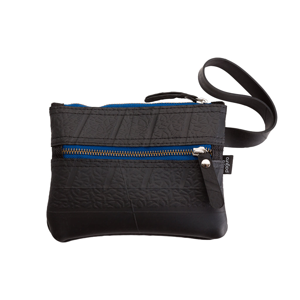 Paguro Upcycle black vegan wristlet pouch with textured design and zipper pockets