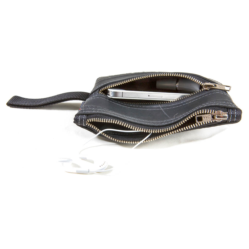 Paguro Upcycle vegan wristlet pouch in black with double zippered compartments holding phone and accessories