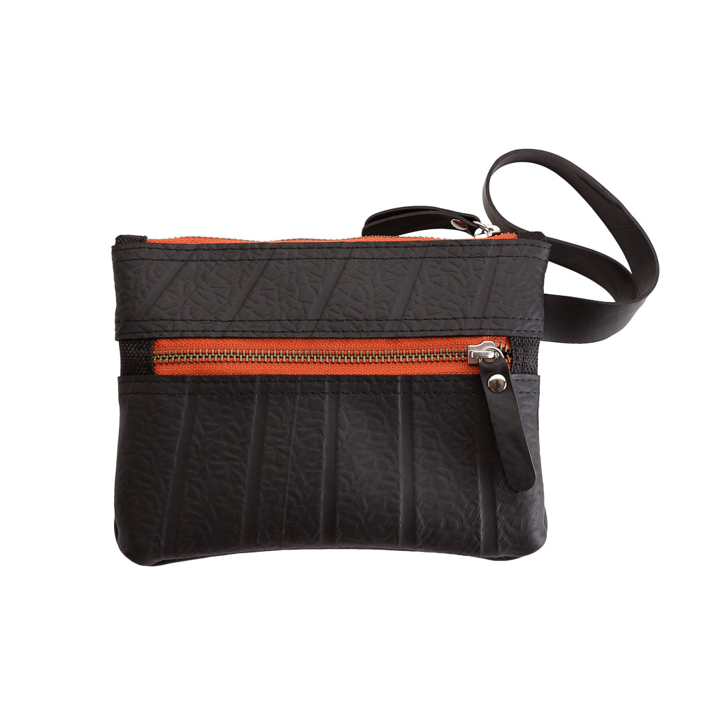 Paguro Upcycle black vegan wristlet pouch with orange zipper and wrist strap made from upcycled materials