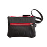 Paguro Upcycle black vegan wristlet pouch with textured material and red zipper accents