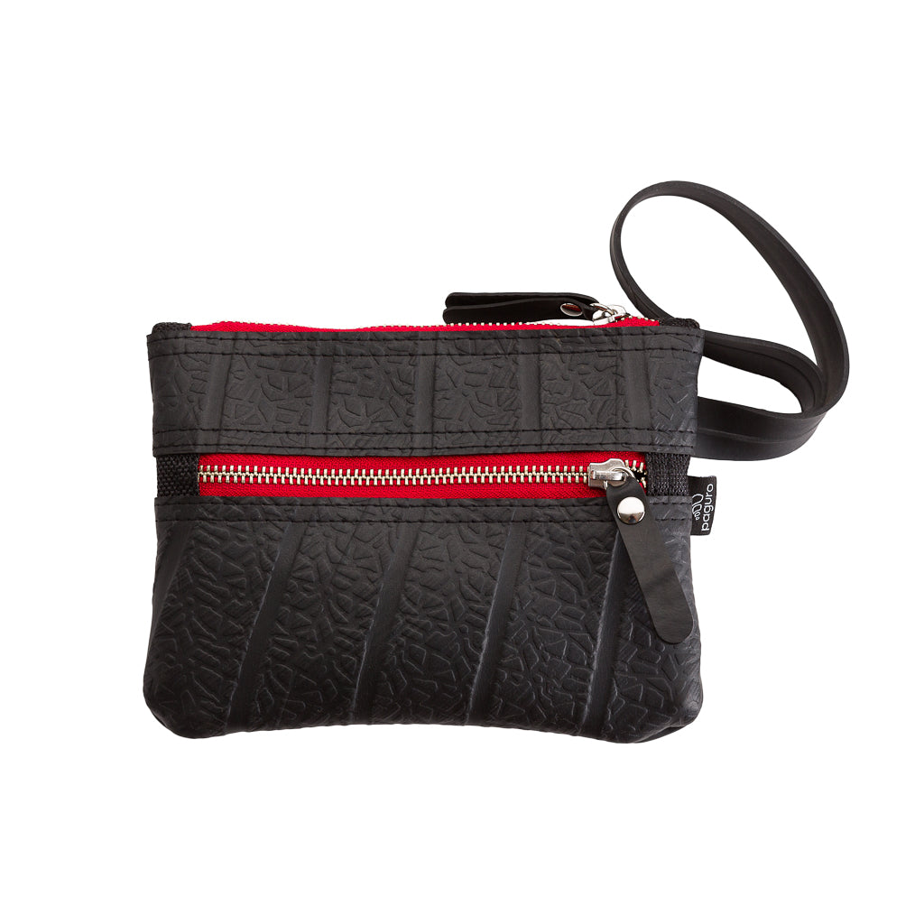 Paguro Upcycle black vegan wristlet pouch with textured material and red zipper accents