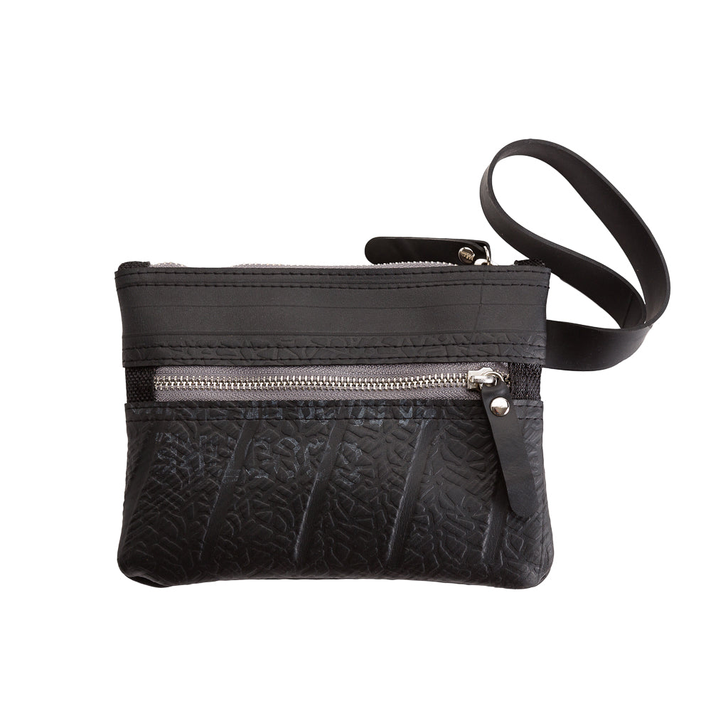 Paguro Upcycle black vegan wristlet pouch with zipper and wrist strap made from recycled materials