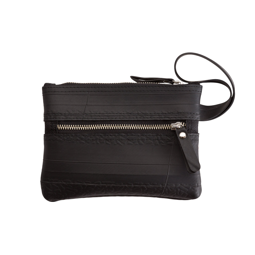 Paguro Upcycle black vegan wristlet pouch with zipper and wrist strap made from upcycled materials