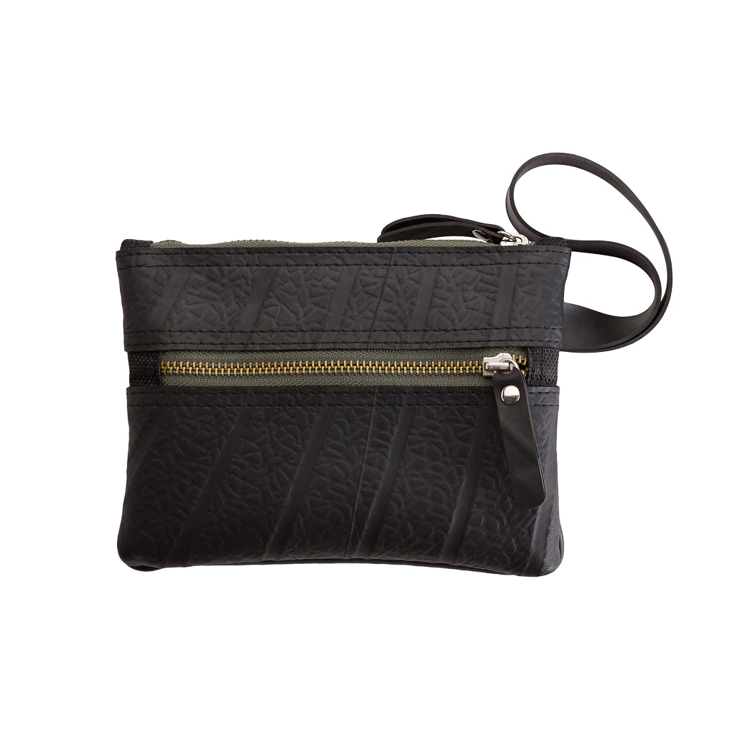 Paguro Upcycle black vegan wristlet pouch with textured design and front zipper pocket