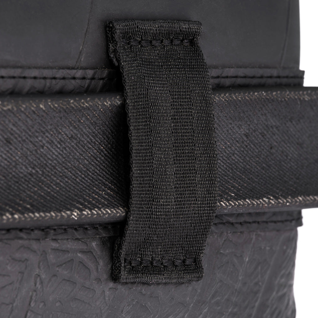 Close-up of black vegan wristlet pouch strap detail from Paguro Upcycle wallet collection