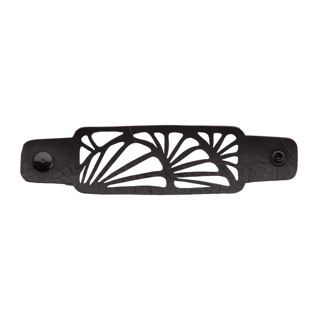Paguro Upcycle black cutout cuff with fan floral pattern and snap closures recycled rubber bracelet