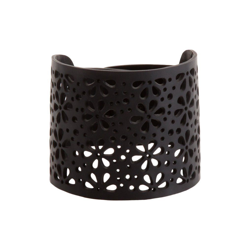Paguro Upcycle black floral cutout cuff recycled rubber bracelet with wide open back design