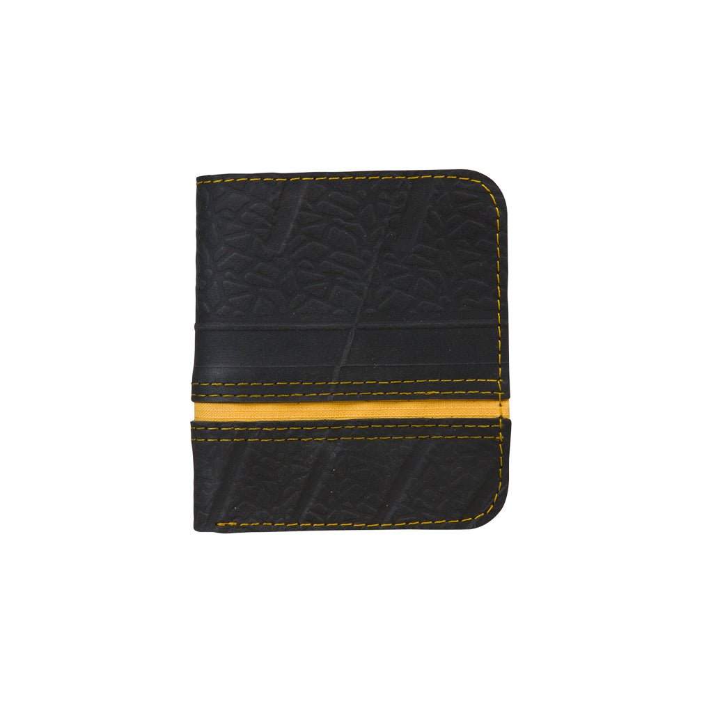 Paguro Upcycle eco friendly recycled inner tube wallet with original inner tube thread design and yellow stitching