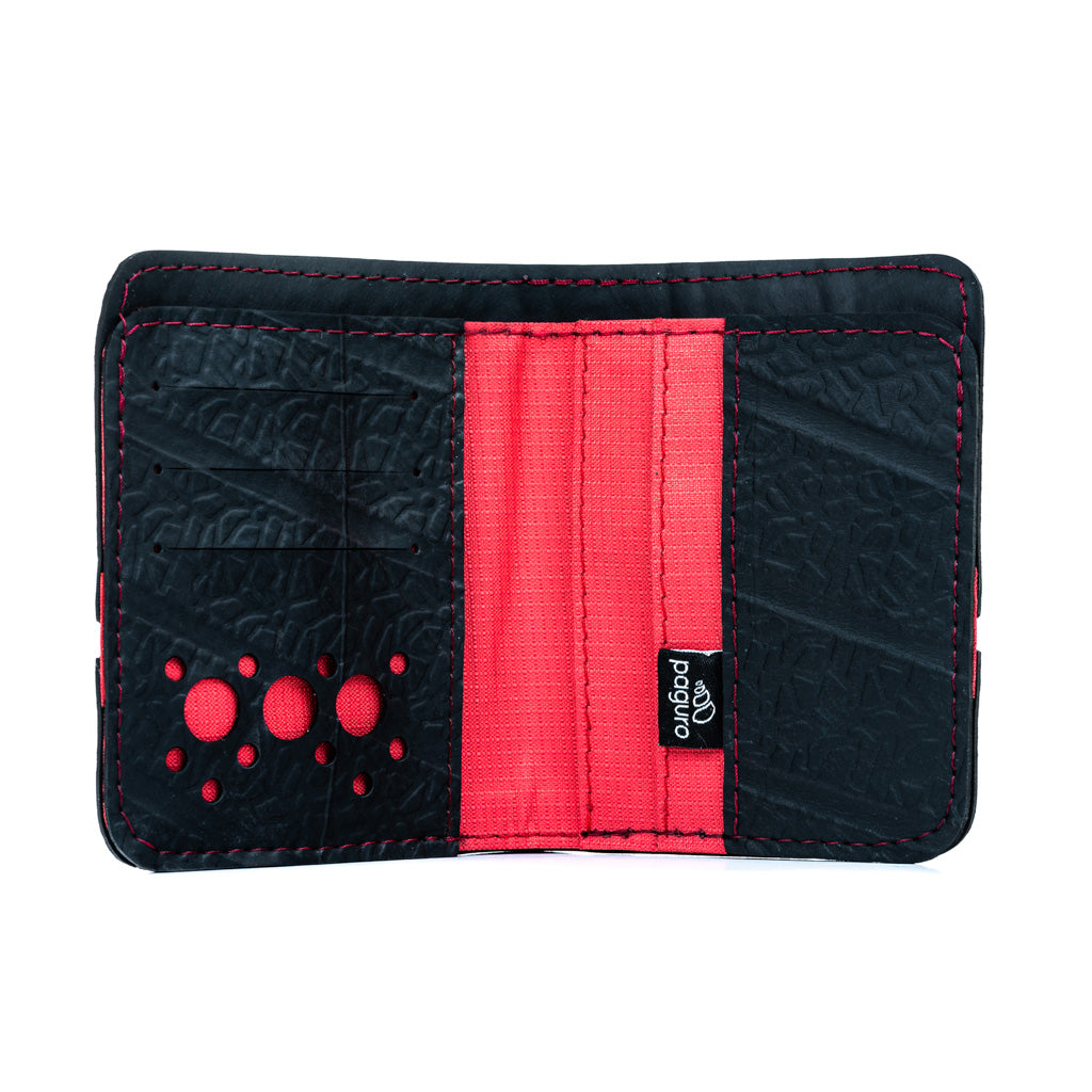 Paguro Upcycle eco friendly recycled inner tube wallet with red and black design and multiple card slots