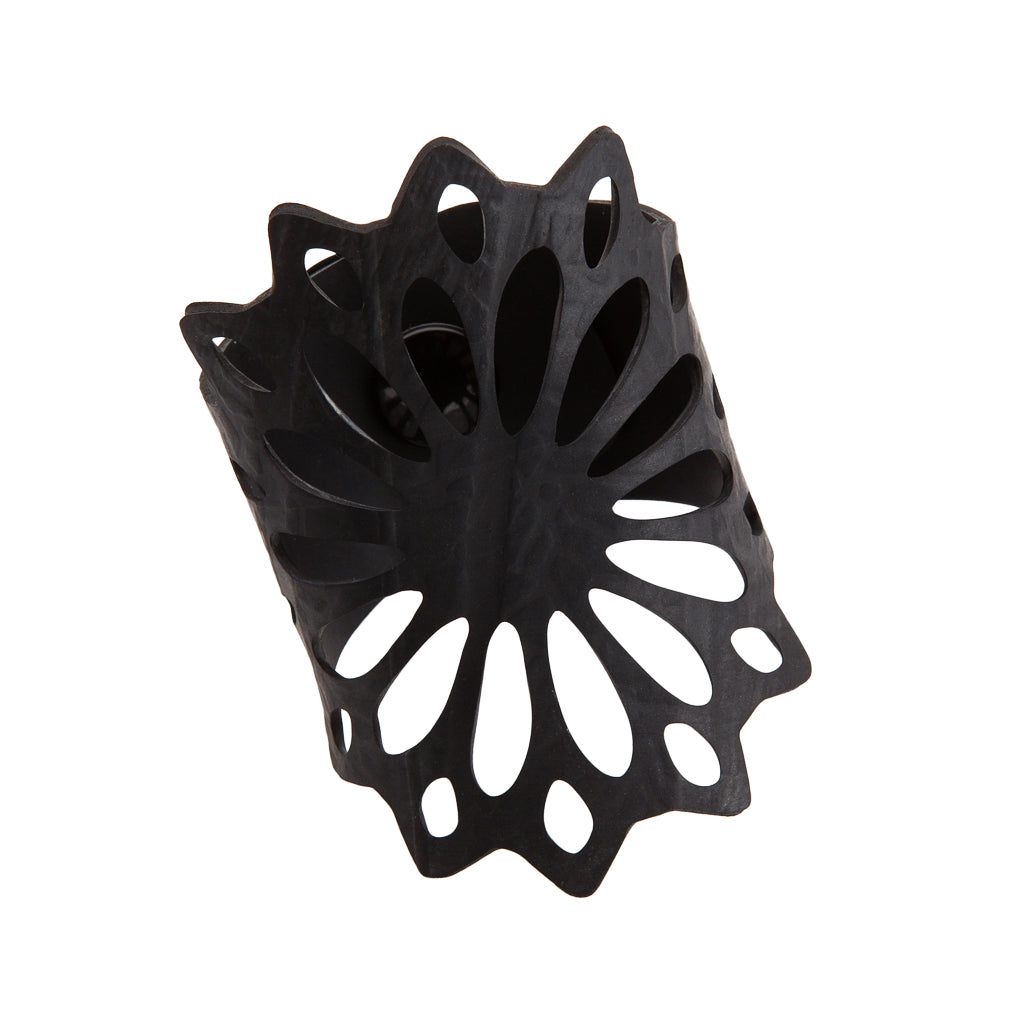 Paguro Upcycle black laser cut cuff recycled rubber bracelet with floral mandala cutouts wide upcycled design