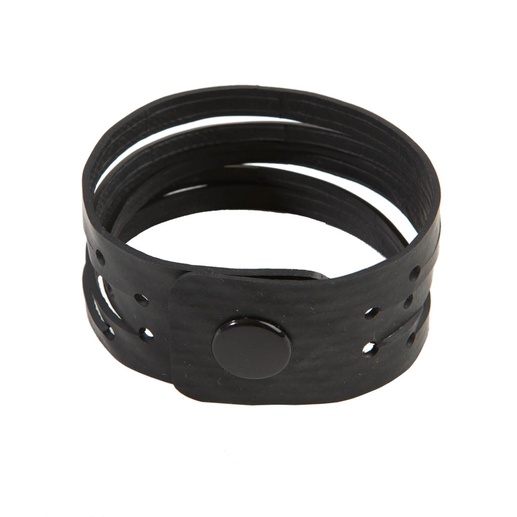 Paguro Upcycle black recycled rubber bracelet with button closure and multiple strap design