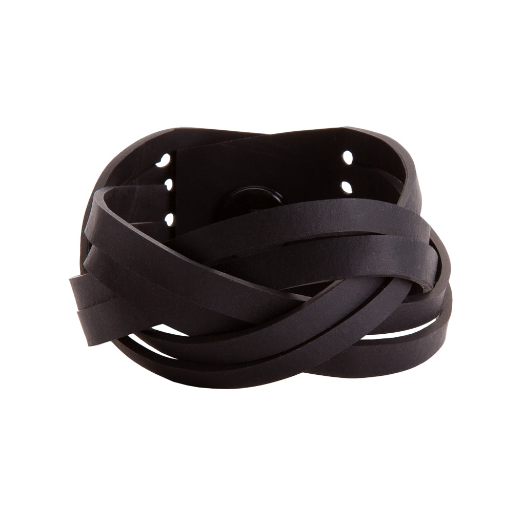 Paguro Upcycle black braided cuff recycled rubber bracelet UK with adjustable snap holes for eco style