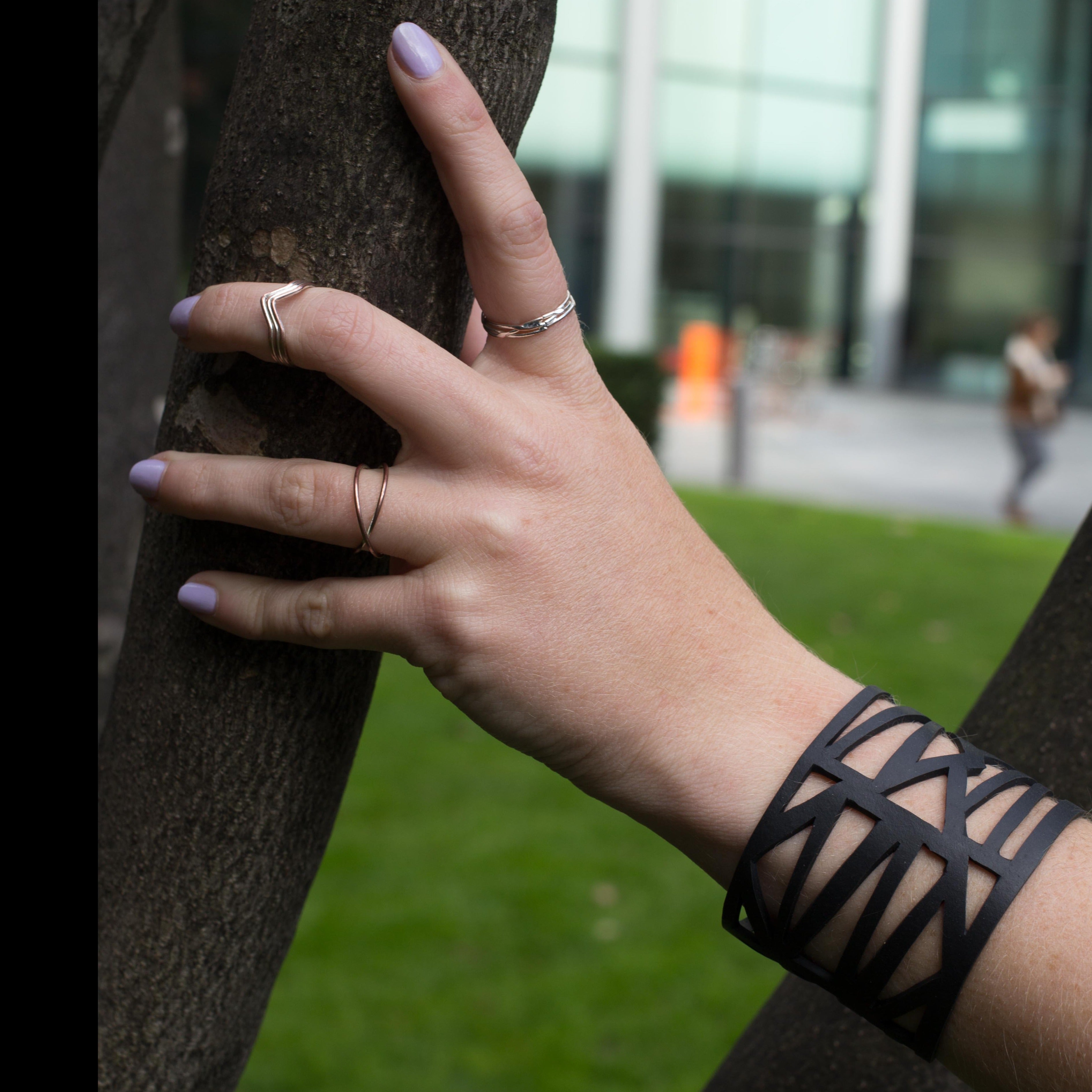 Paguro Upcycle upcycled honeycomb cuff bracelet worn on wrist with geometric cutout design