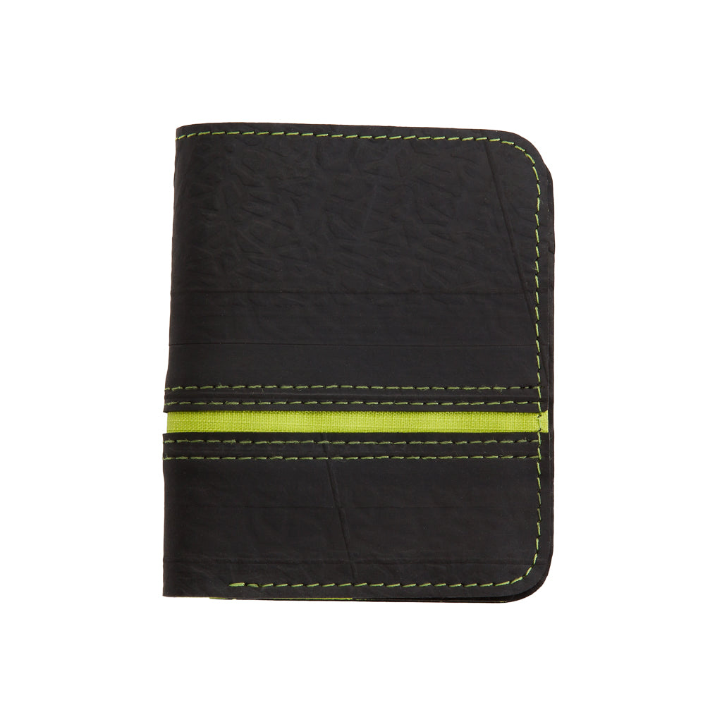 Paguro Upcycle black upcycled inner tube wallet with green stitching and stripe design