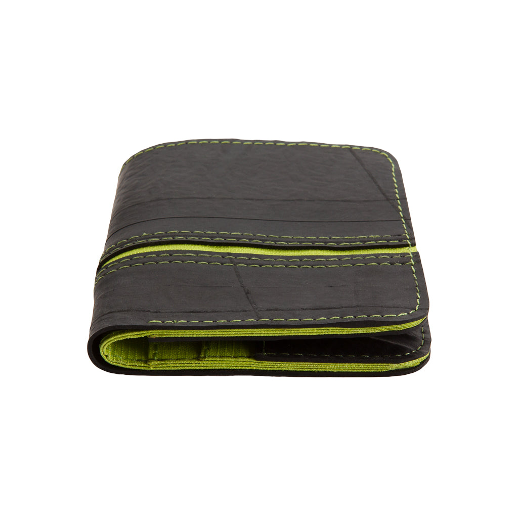 Paguro Upcycle black and green upcycled inner tube wallet with detailed stitching
