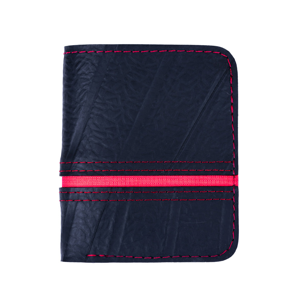 Paguro Upcycle upcycled inner tube wallet with black material and red stitching detail