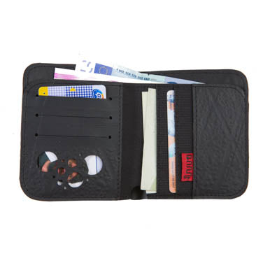Paguro Upcycle black upcycled inner tube wallet open showing card slots and cash compartments