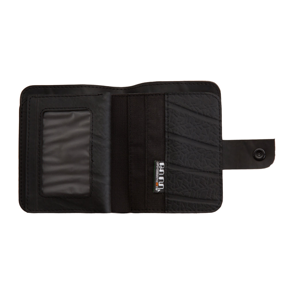 Paguro Upcycle recycled wallet with coin compartment in black with multiple card slots and snap closure