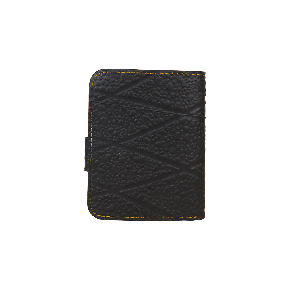 Paguro Upcycle black recycled wallet with coin compartment featuring textured design and yellow stitching