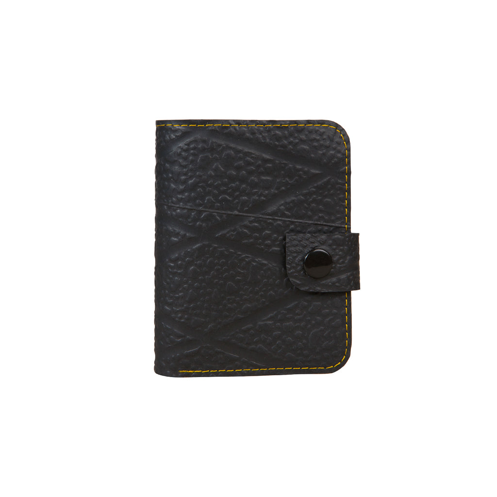 Paguro Upcycle recycled wallet with coin compartment in black textured material and yellow stitching