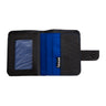 Paguro Upcycle recycled wallet with coin compartment in black and blue fabric with snap closure