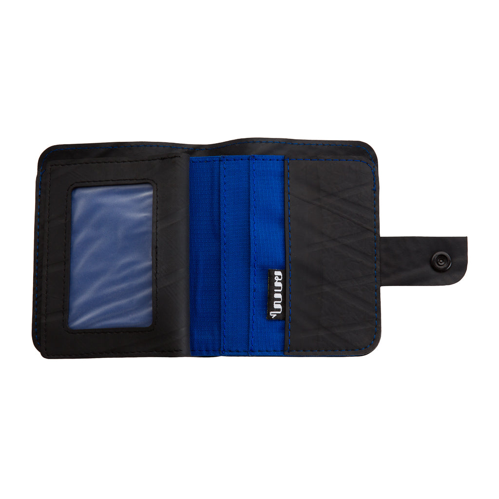 Paguro Upcycle recycled wallet with coin compartment in black and blue fabric with snap closure