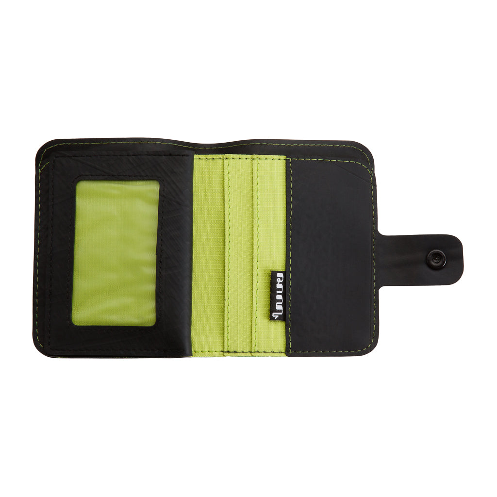 Paguro Upcycle recycled wallet with coin compartment in black and green with card slots and snap closure