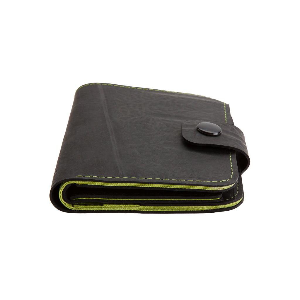 Paguro Upcycle recycled wallet with coin compartment in black with green stitching and snap closure