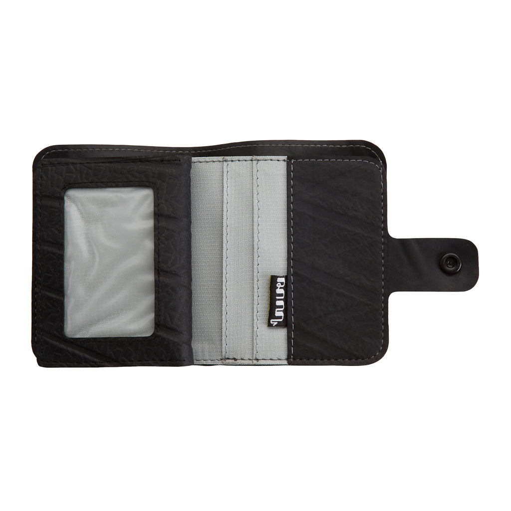 Paguro Upcycle recycled wallet with coin compartment in black and gray with button closure