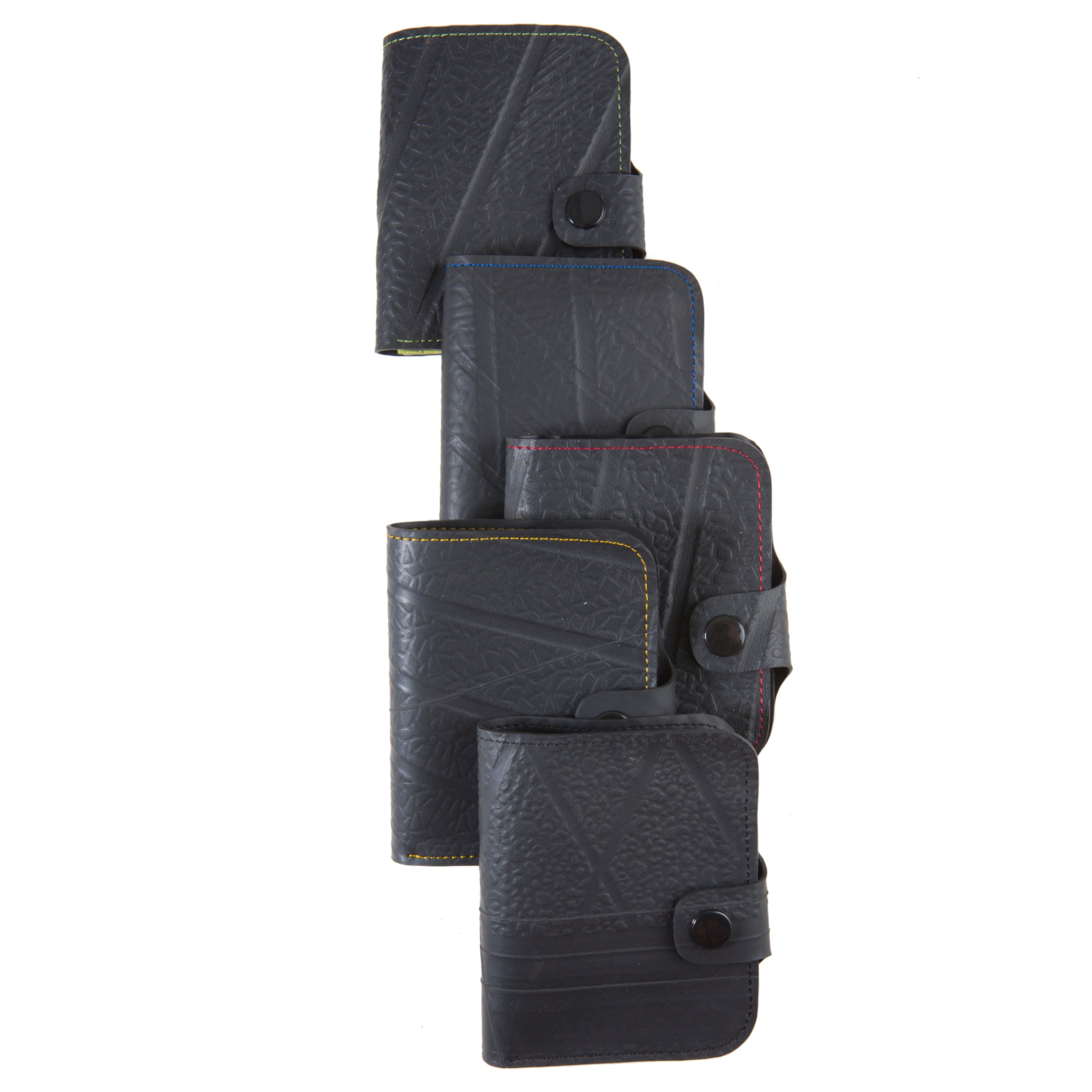 Paguro Upcycle recycled wallet with coin compartment in black with button closure and colored stitching