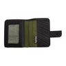 Paguro Upcycle recycled wallet with coin compartment featuring black and green sections and snap closure