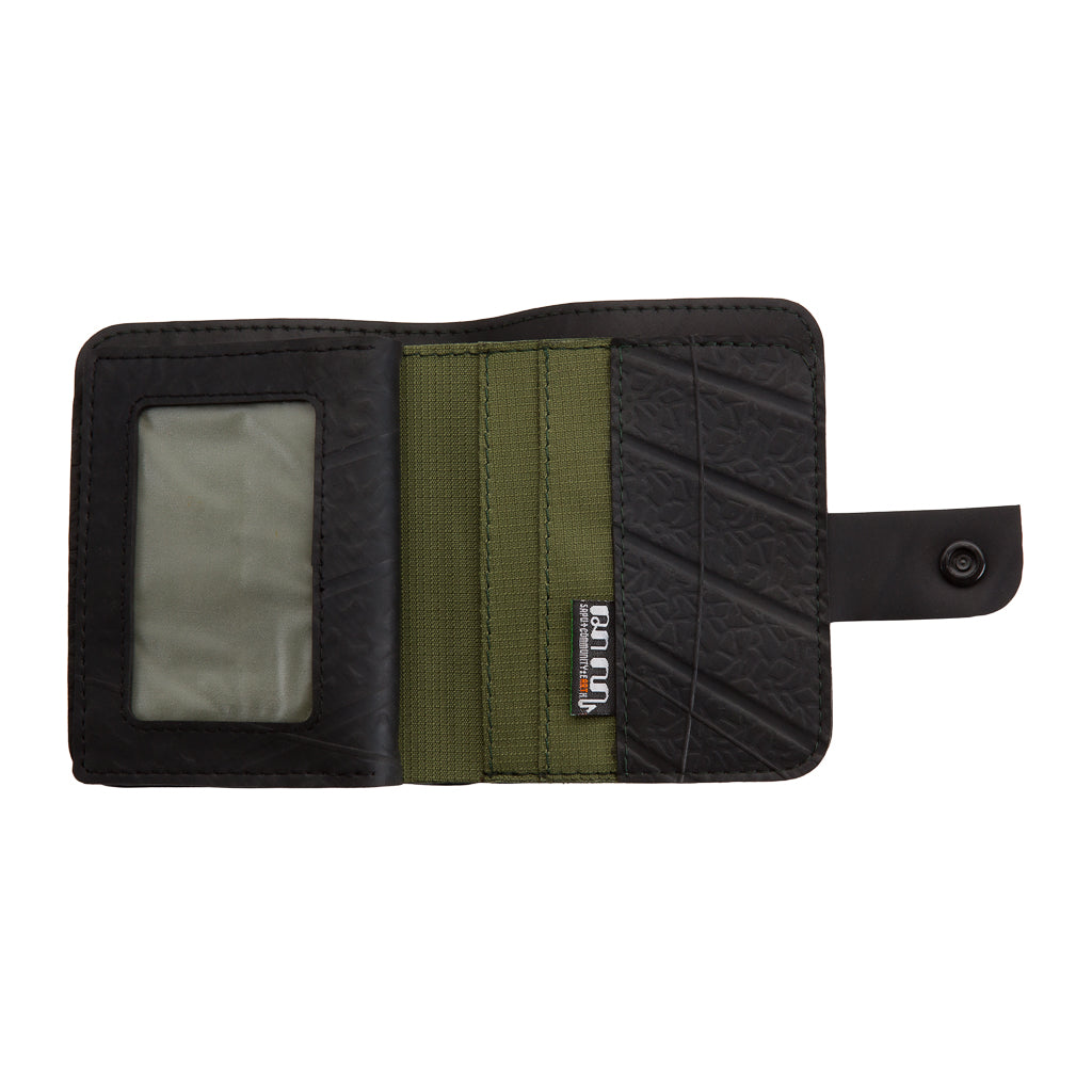 Paguro Upcycle recycled wallet with coin compartment featuring black and green sections and snap closure