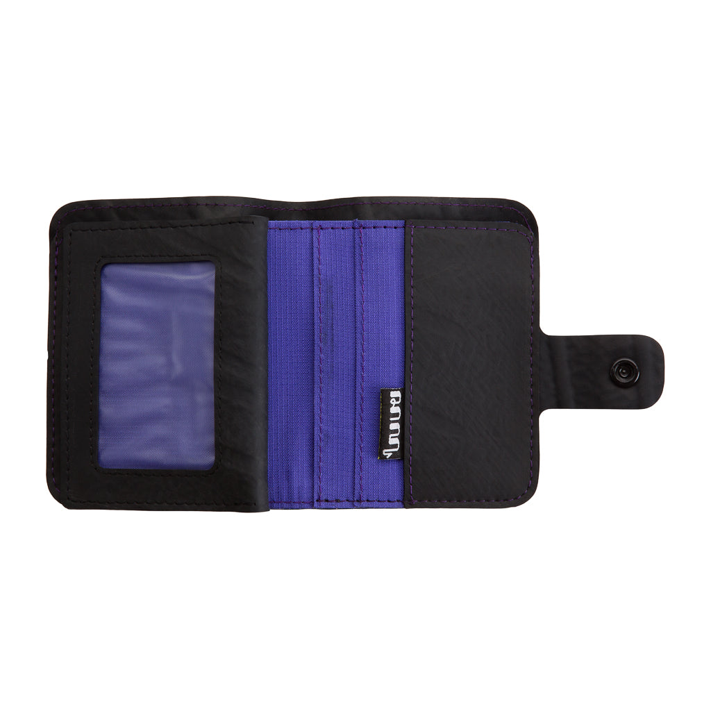 Paguro Upcycle recycled wallet with coin compartment in black and purple with multiple card slots