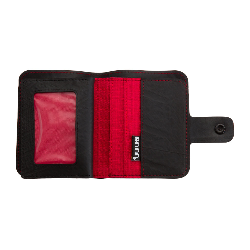 Paguro Upcycle recycled wallet with coin compartment featuring black and red design and multiple card slots