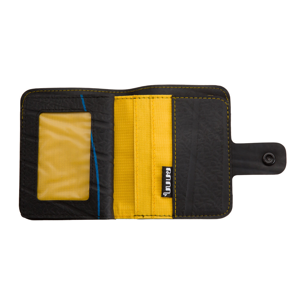 Paguro Upcycle recycled wallet with coin compartment in black and yellow with multiple card slots