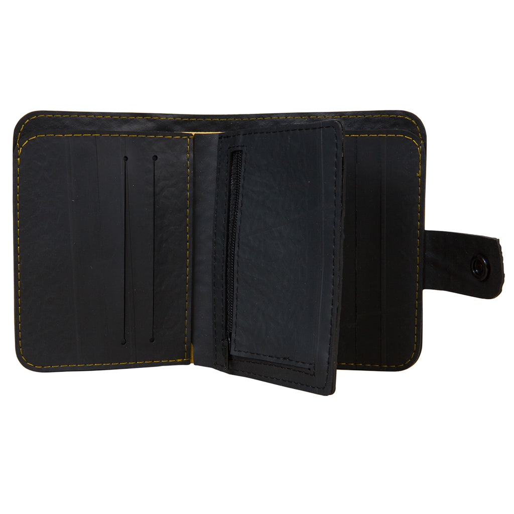 Paguro Upcycle recycled wallet with coin compartment featuring black material and yellow stitching