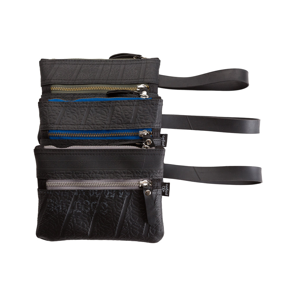 Paguro Upcycle black vegan wristlet pouch with three zippered compartments and wrist strap