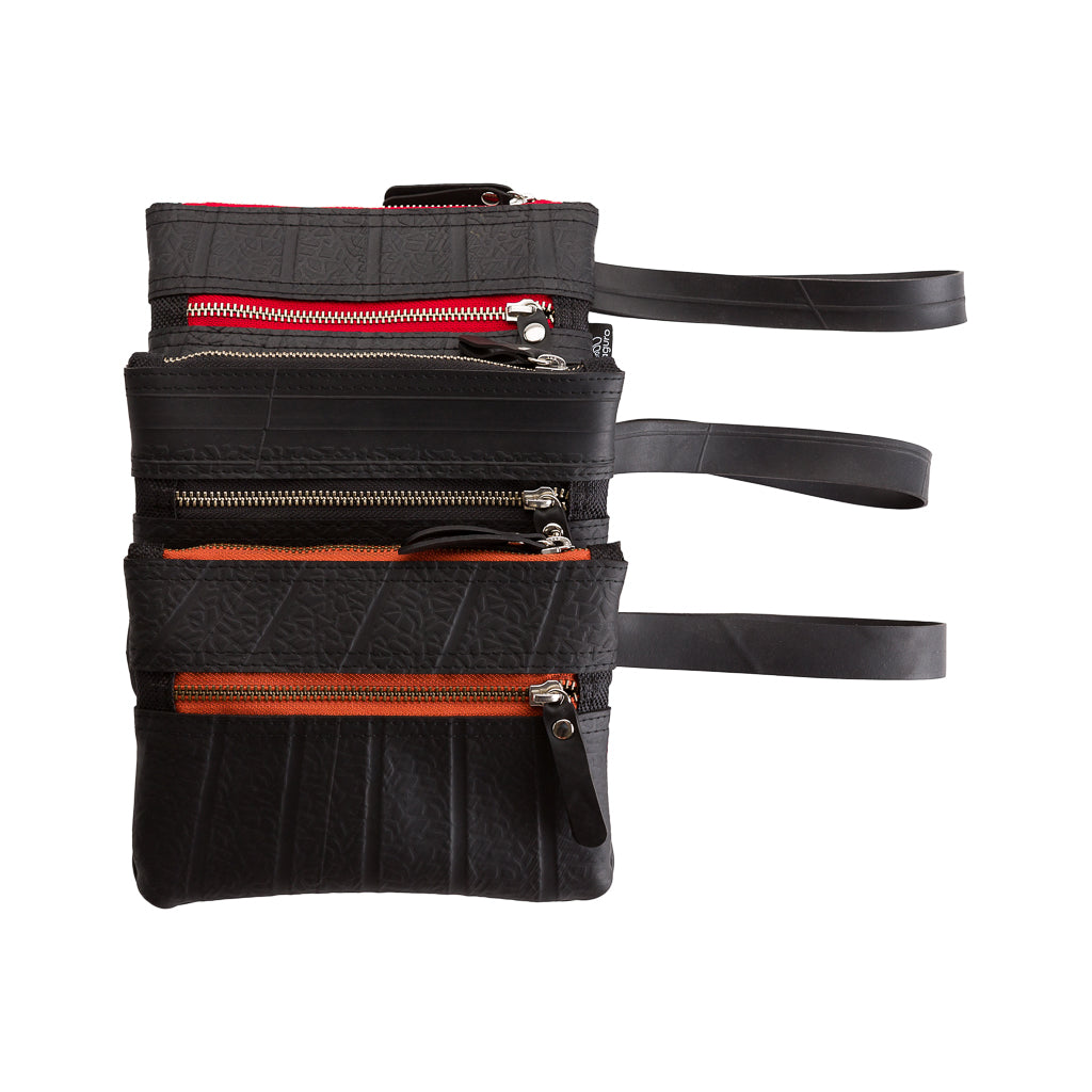 Paguro Upcycle black vegan wristlet pouch with multiple zippered compartments and wrist straps